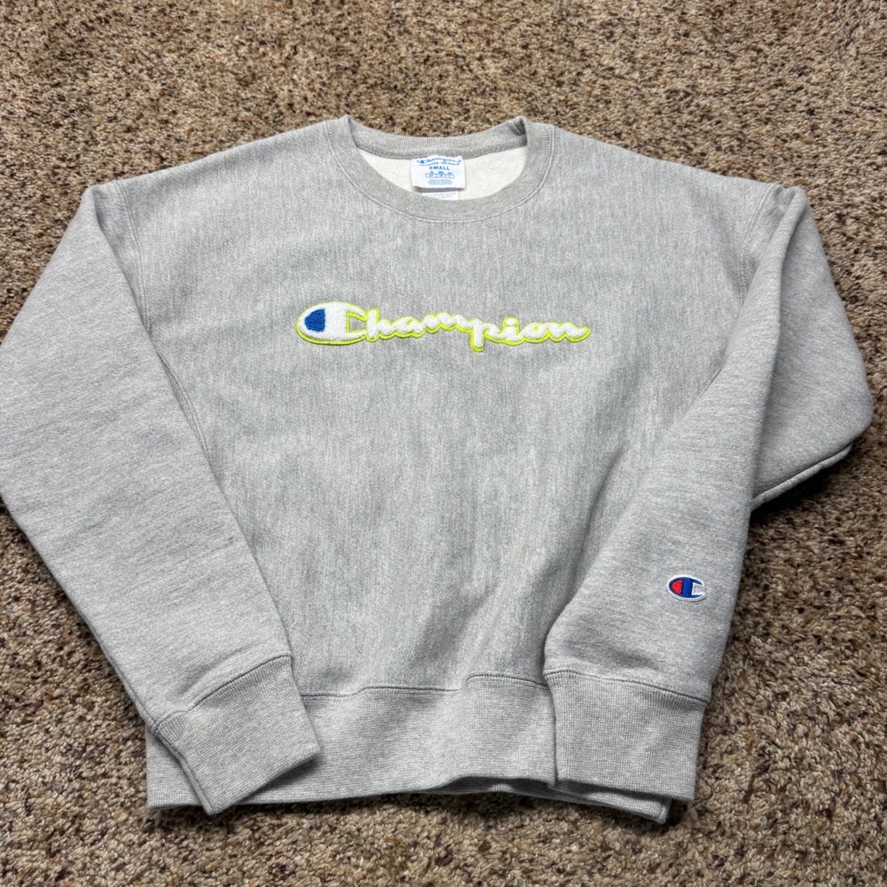 Champion Reverse Weave Gray Sweatshirt Neon Yellow Chenille Logo Womens Small